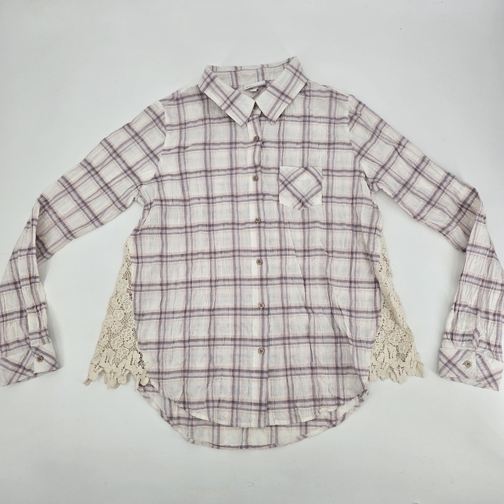 Shyanne Plaid Button-Up Shirt with Crochet Lace Accents Size M